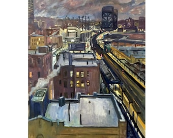 Winter Cityscape Painting - Snowy Rooftops/New York Nocturne - 22x30 Oil on Canvas