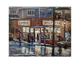 Night Scene Painting - Rain Reflections/Royal Scarlet Deli/White Plains Nocturne- 8x10 Oil on Linen, Signed Original Cityscape