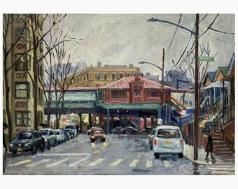 14x20 NYC Oil Painting - 238th Street Winter Rain