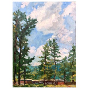 Tanglewood Landscape Painting - Sky and Pines - 9x12 Oil on Panel, Small Plein Air Impressionist Oil, Signed Original American Fine Art