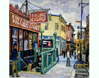 Village Cigars/West Village/NYC- Original New York Impressionist Cityscape Painting, 10x10 Oil on Panel, Contemporary Fine Art