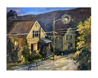 Summer Houses/Berkshires Nocturne - 18x24 Oil on Linen, Night Scene Painting, Original Plein Air Impressionist Landscape, American Fine Art