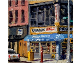 Small New York Cityscape Painting -Farmacia/LES/NYC- 7x7 Oil on Panel, Urban Plein Air Impressionist Fine Art, Signed New York City Original