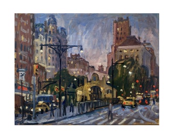 New York Cityscape Painting - 72nd St Subway Station/NYC Nocturne - 11x14 Oil on Linen, Contemporary Impressionist Fine Art, Signed Original