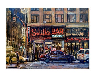 Large New York Cityscape - Smith’s Bar/NYC Nocturne - 18x24 Oil on Linen, Contemporary Fine Art, New York Impressionism, Signed Original