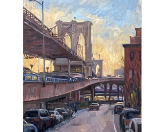 Brooklyn Bridge/NYC Sunrise - New York Cityscape Painting, 16x20 Oil on Linen, Urban Impressionist Landscape, Signed Original Fine Art