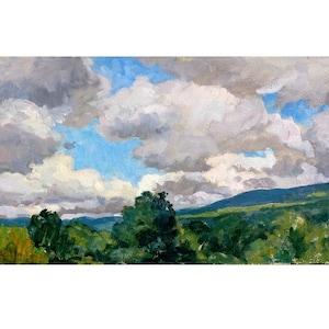 Summer Sky/Berkshires - Original Landscape Painting - 10x20 Oil on Panel, Signed Plein Air Impressionism, Contemporary Fine Art