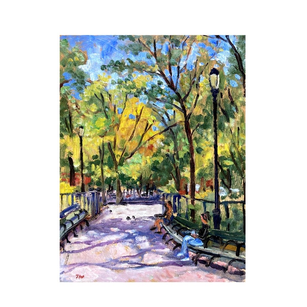 New York Cityscape Painting - From Tompkins Sq Park/East Village NYC - 9x12 Oil on Panel, New York Impressionist Signed Original Fine Art