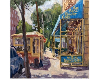 Original Bronx Cityscape Painting - An Beal Bocht Cafe/NYC - 10x10 Oil on Panel, Urban Impressionist Landscape, Signed Original