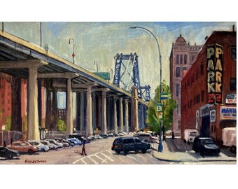 Original New York Cityscape Painting -Delancey St/Williamsburg Bridge/NYC- 12x20 Oil on Canvas, Signed Original Impressionist Landscape