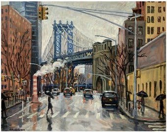 NYC Rain/Manhattan Bridge -16x20 New York Cityscape Painting