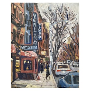 Veniero&#39;s NYC/Winter Afternoon - New York City Street Scene, 8x10 Oil on Linen, East Village Cityscape Painting, Signed Original