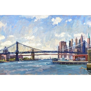 NYC Painting - Brooklyn and Manhattan Bridges/NYC - 12x20 Oil on Canvas, New York Urban Impressionist Landscape, Signed Original