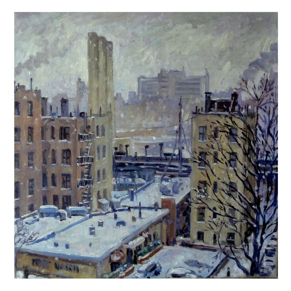 Evening Snow/Inwood NYC - 14x14 Oil on Linen, New York Winter Cityscape Painting, Plein Air Impressionist Landscape, Signed Original