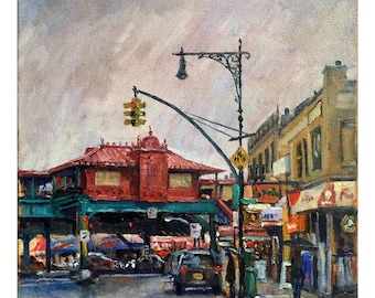 Cityscape Painting - NYC Rain/207th Street Station - 12x12 Original Oil on Canvas