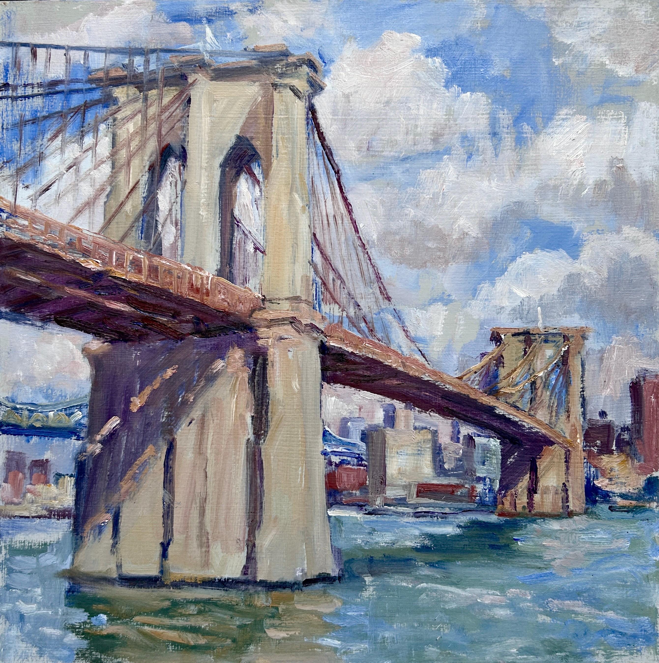 ニューヨーク　ブルックリン橋　油絵 ニューヨークの油絵：ブルックリン橋/夏の空、オリジナル12x12