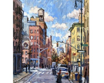 Puede incluir: Una pintura al óleo de una escena de calle de la ciudad con edificios, semáforos y peatones. Los edificios son de varios colores, incluyendo rojo, amarillo y marrón. El cielo es azul con nubes blancas. Una farola está en primer plano.