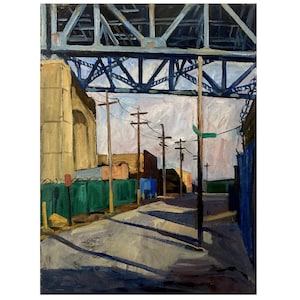 Original New York Cityscape Painting - Kosciuszko Bridge Shadows/NYC - 18x24 Oil on Canvas, Urban Industrial Art, Signed Original Fine Art