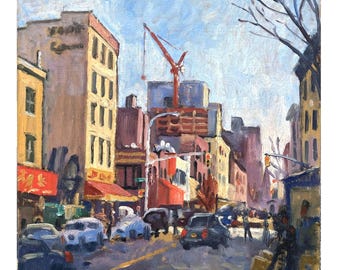 Puede incluir: Pintura al óleo de una escena de calle urbana con edificios, coches y una grúa de construcción. Los edificios son de varios colores, incluyendo beige, marrón y rojo. El cielo es azul con nubes. El cuadro tiene un estilo impresionista texturizado.