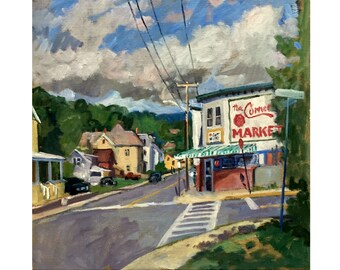 The Corner Market - American Landscape Painting, 18x18 Oil on Linen, Plein Air Impressionist Cityscape, Signed Original Fine Art