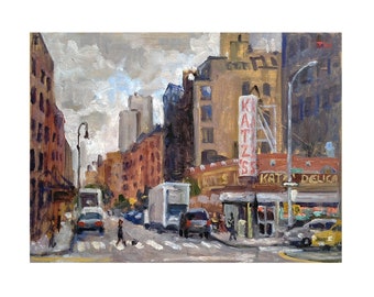 New York Cityscape Painting - Katz's Delicatessen/Lower East Side/NYC - 9x12 Oil on Panel, New York Impressionist Signed Original Fine Art