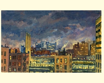Cityscape Painting -Night Glow/New York Nocturne - 10x16 Oil on Linen, NYC Impressionist Plein Air Fine Art, Signed Original