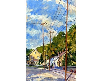 12x24 Landscape Painting - Houses and Poles/September Light - Oil on Panel