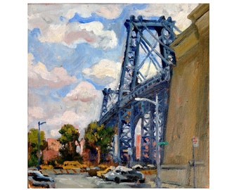 The Williamsburg Bridge/NYC - Cityscape Painting - 8x8 Oil on Panel, New York Impressionist Landscape, Signed Original American Fine Art