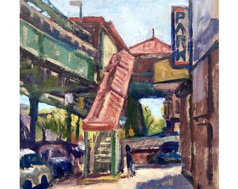 New York Cityscape Painting - 215th Street Station/Inwood - 8x8 Oil on Panel, NYC Impressionist Plein Air Landscape, Signed Original