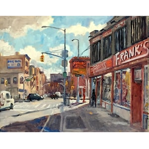 May include: A painting of a city street corner with a red brick building with the sign "FRANK'S" on it. The building has large windows and a red door. There are cars and people on the street.