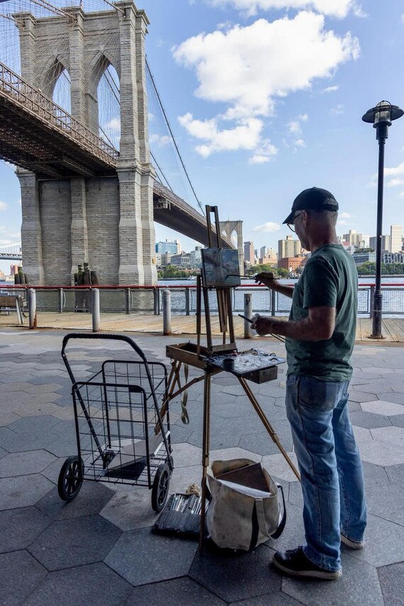 ニューヨークの油絵：ブルックリン橋、印象派のオリジナル都市景観