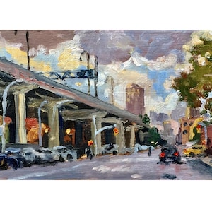 Small New York Painting- Evening Sky/Williamsburg Bridge/NYC- 4x8 Oil on Panel, Urban Impressionist Fine Art, Signed Original Cityscape