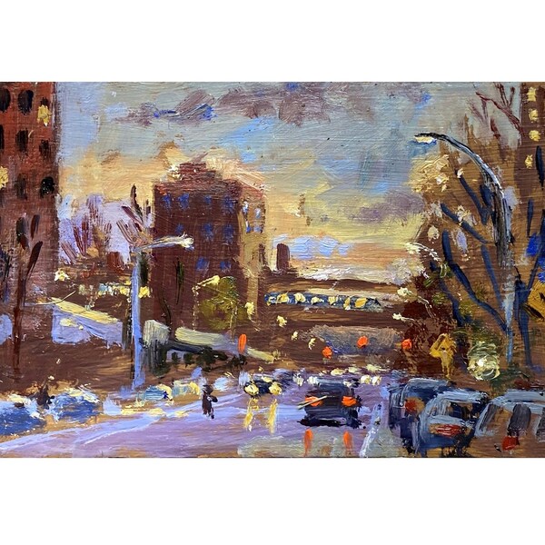 New York Cityscape Painting - Twilight On Columbia St/NYC- 5x8 Oil on Panel, Small Impressionist Landscape, Signed Original