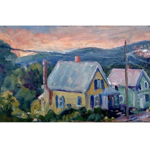 Oil Painting Landscape -Houses at Dusk/Berkshires- 6X12 Oil on Panel, Plein Air Impressionist Fine Art, Sunset Oil Painting, Signed Original