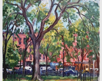 May include: An oil painting depicting a city park scene with large, leafy green trees in the foreground. Behind the trees, red brick buildings are visible, along with parked cars and a black metal fence lining the edge of the grassy area.