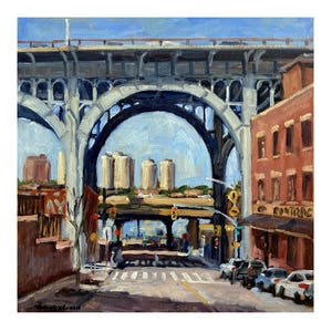 New York Cityscape Painting -W Harlem Riverside Viaduct/NYC- 12x12 Oil on Panel, Signed Original Urban Impressionist Landscape
