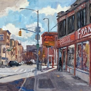 May include: A painting of a city street scene with a storefront called "Frank's" in the foreground. The building is red with a white sign and the storefront windows are visible. The street is empty except for a few pedestrians. The sky is blue with white clouds.