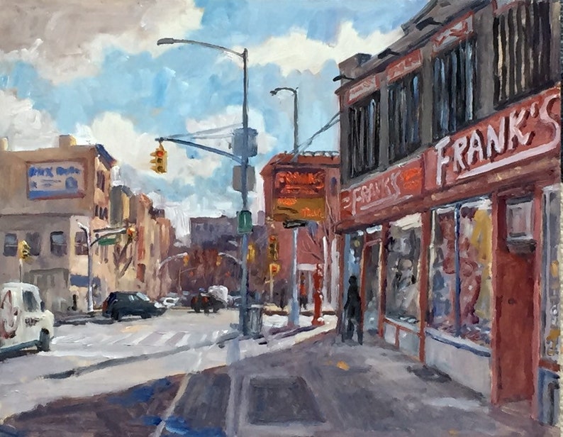 May include: A painting of a city street scene with a storefront called "Frank's" in the foreground. The building is red with a white sign and the storefront windows are visible. The street is empty except for a few pedestrians. The sky is blue with white clouds.