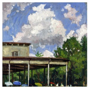 Original Tanglewood Landscape Painting - The Shed/Summer Clouds- 8x8 Oil on Panel, Impressionist Plein Air Landscape, Signed Original