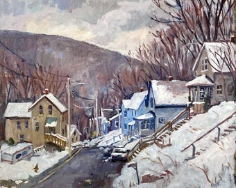 18x20 Original Oil Painting - Snowy Houses/Berkshires