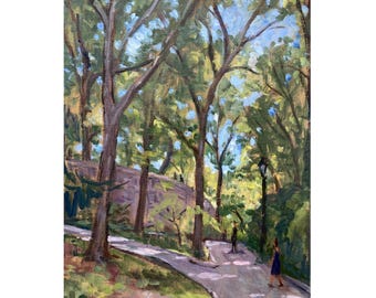 May include: A painting of a path through a wooded area with a stone wall in the background. The path is lined with trees and there are people walking on it. The painting is done in a realistic style with a focus on the light and shadow.