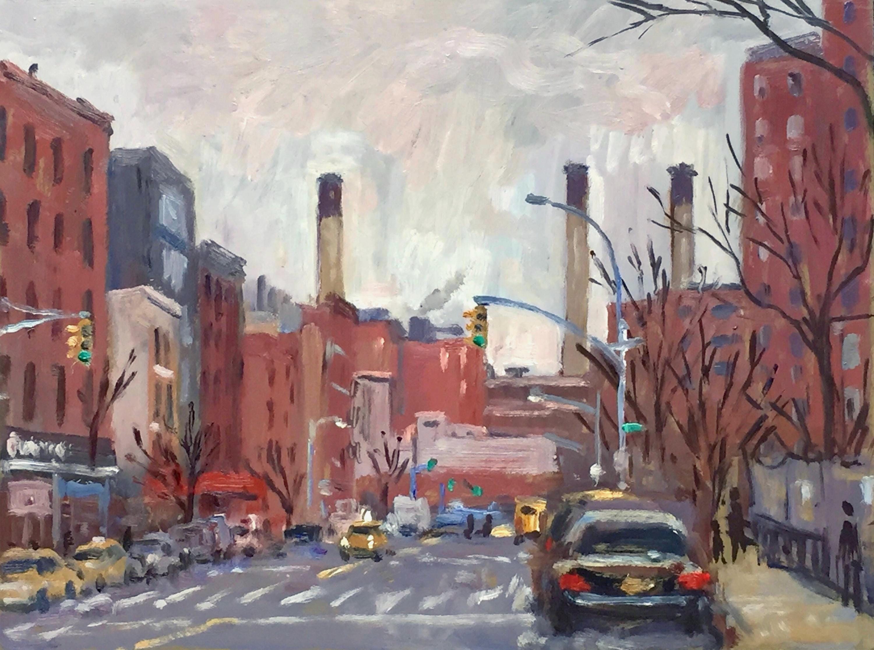 ニューヨークの街並みの絵画 - アベニューD/NYCの夕暮れ - 9x12