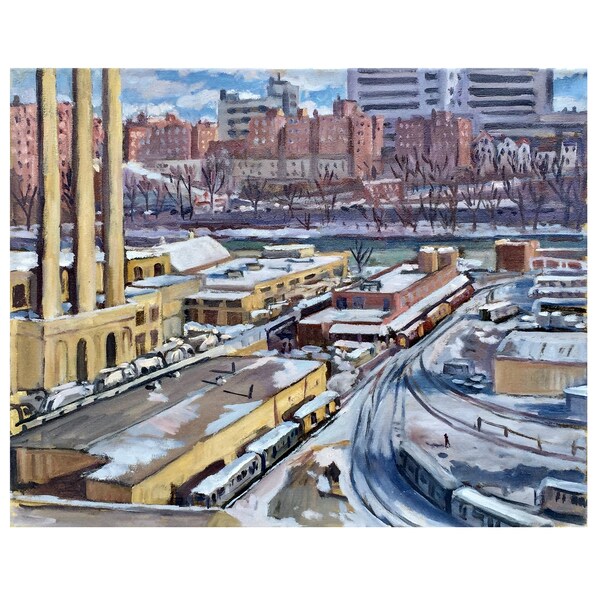 Train Yards in Snow/Inwood/NYC - New York Cityscape, 16x20 Oil on Canvas, Urban Industrial Winter Landscape, Signed Original