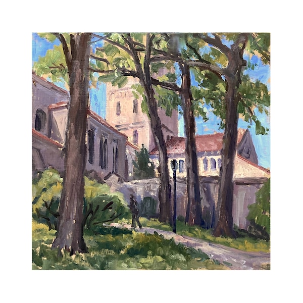 The Cloisters in Springtime - 12x12 Oil on Panel, New York City Landscape Painting, Plein Air NYC Impressionist Fine Art, Signed Original