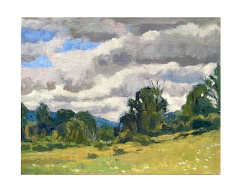 Original Landscape Painting - Summer Clouds/Berkshires - 8x10 Oil on Linen, Impressionist Plein Air Fine Art, Signed Original