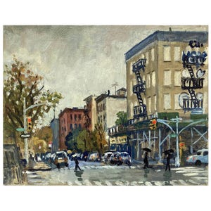 NYC Rain/ East Harlem - 8x10 Oil on Canvas, New York Urban Impressionist Cityscape, Signed Original Oil Painting