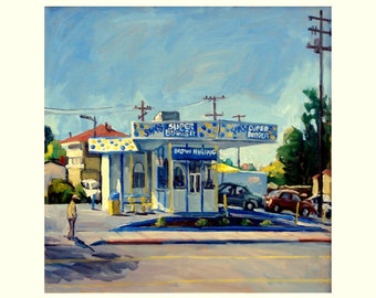 California Cityscape Painting - Sam's Super Burger/Oakland - 18x18 Oil on Canvas, Bay Area Urban Impressionist Fine Art, Signed Original
