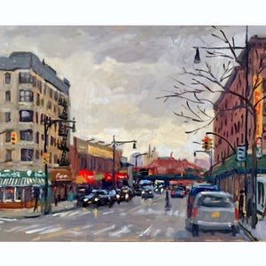 New York Cityscape Painting - From 207th Street/Inwood Rain- 11x14 Oil on Panel, NYC Urban Impressionist Landscape, Signed Original