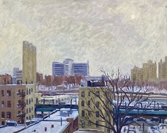 New York Cityscape Painting - Inwood Snow - 11x14 Oil on Panel, NYC Urban Impressionism, Signed Original Winter Landscape