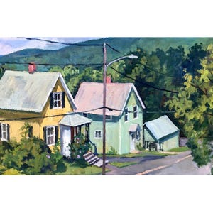 Sunny Houses/Berkshires Summer - 12x24 Oil on Panel, Original Landscape Painting, Plein Air Impressionist Fine Art, American Street Scene